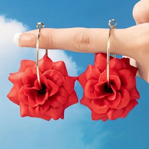 Hoop Earrings with Elegant Red Flower Design Unique and Bohemian Style - Picture 2 of 5